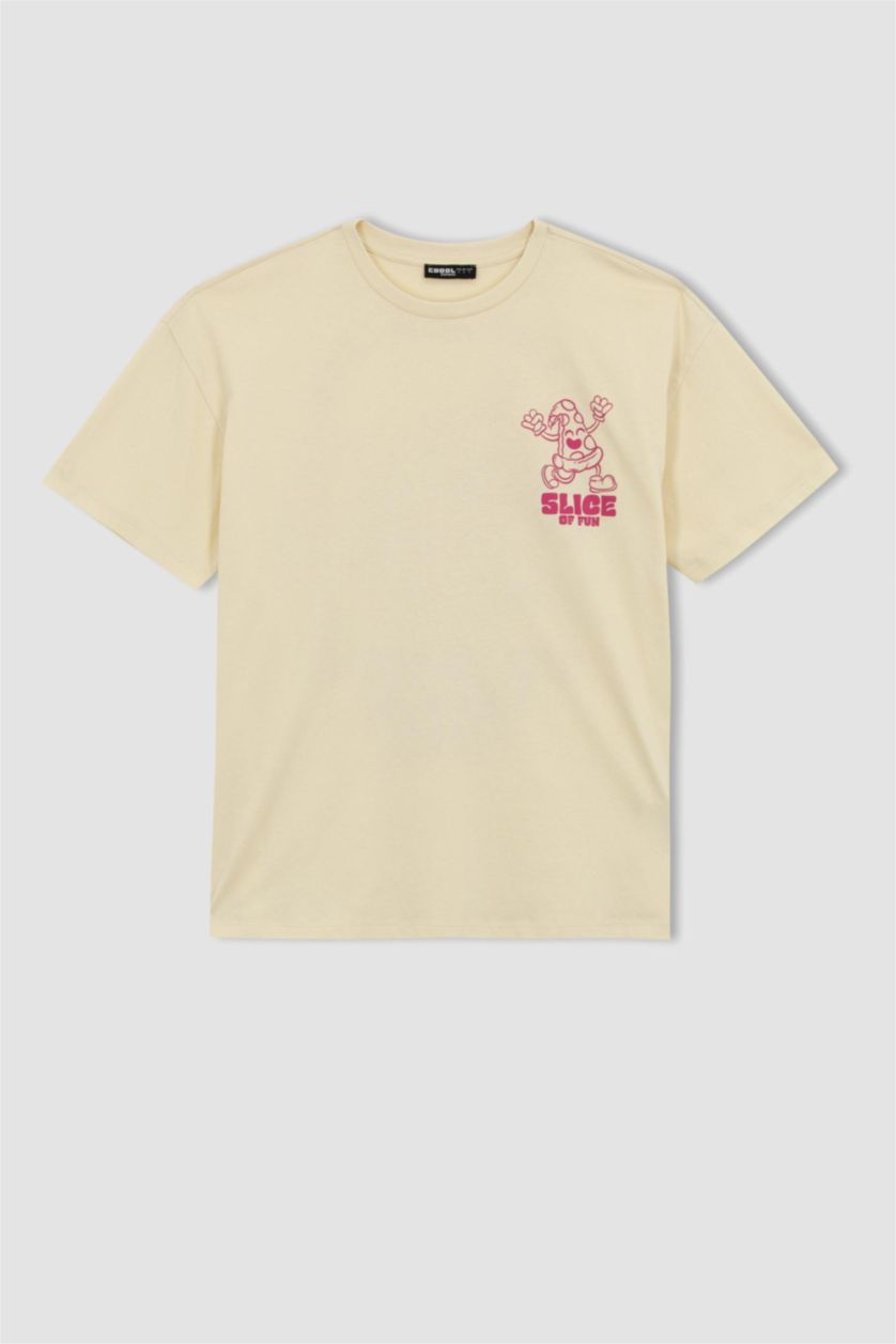 WOMAN Beige Oversize Fit Back Printed Short Sleeve Cotton T-Shirt