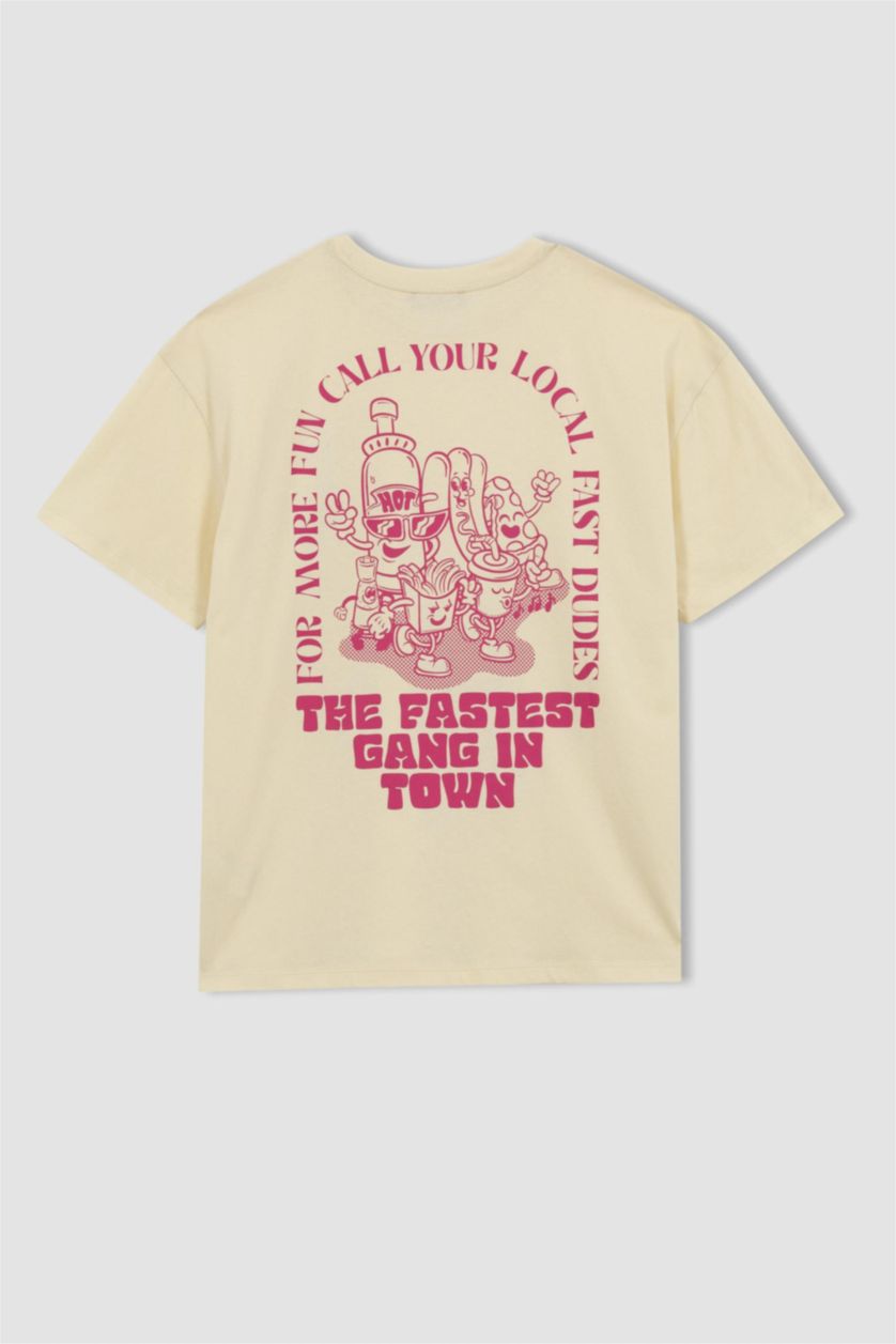 WOMAN Beige Oversize Fit Back Printed Short Sleeve Cotton T-Shirt