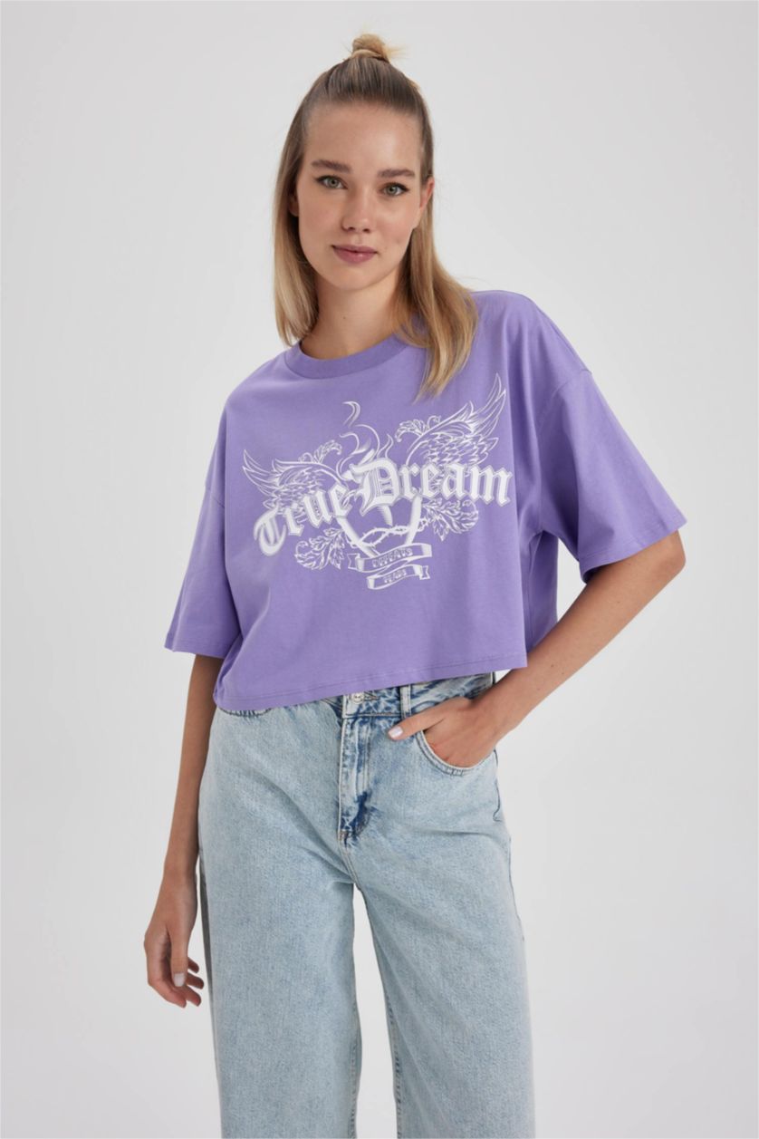 نساء أرجواني داكن تي شيرت قطن اوفرسايز مطبوع بأكمام قصيرة