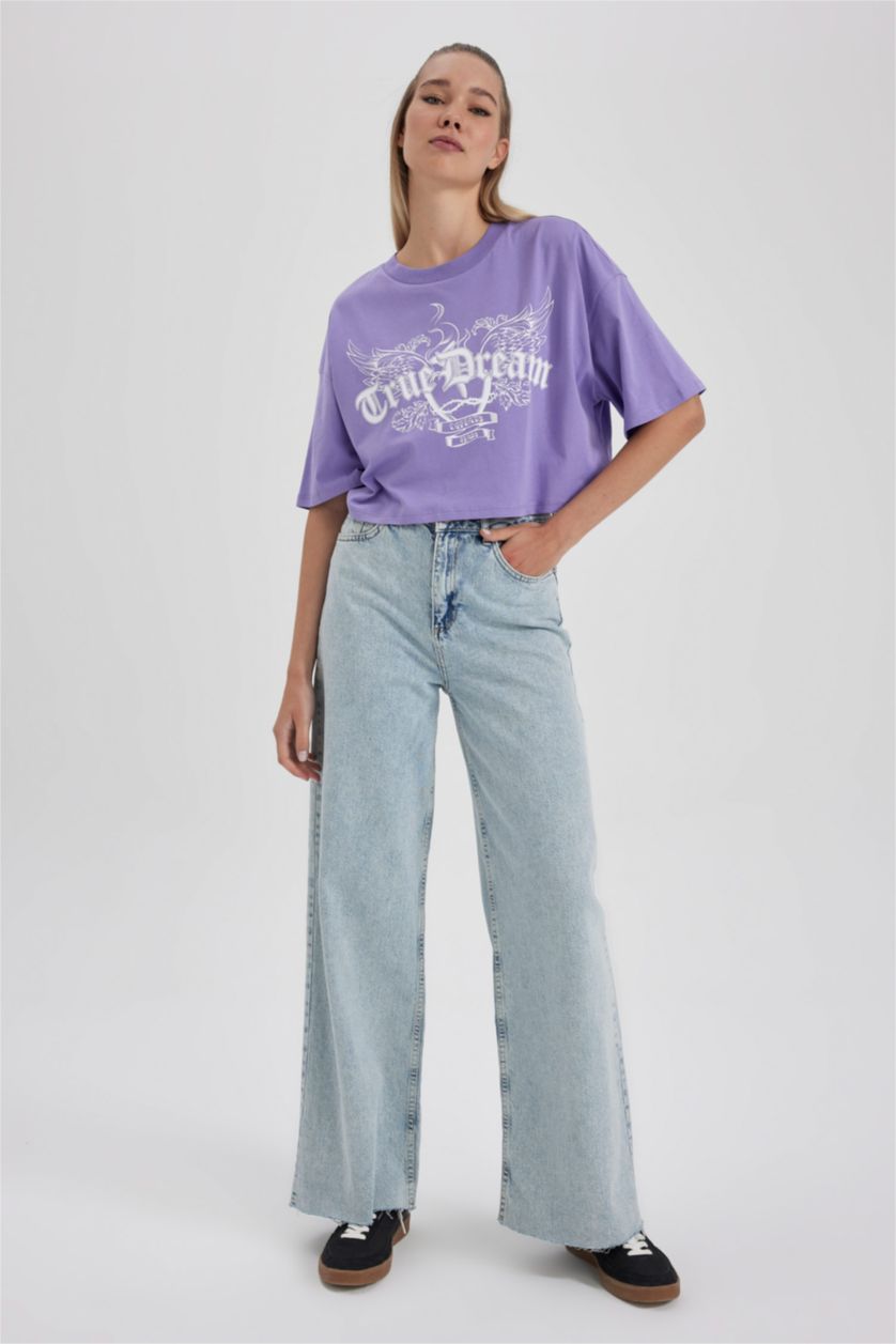 نساء أرجواني داكن تي شيرت قطن اوفرسايز مطبوع بأكمام قصيرة