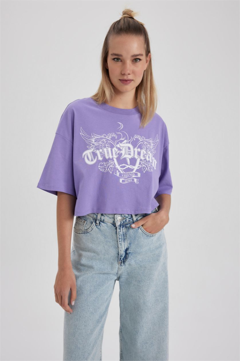 نساء أرجواني داكن تي شيرت قطن اوفرسايز مطبوع بأكمام قصيرة