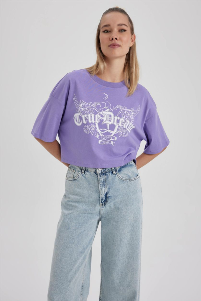 نساء أرجواني داكن تي شيرت قطن اوفرسايز مطبوع بأكمام قصيرة