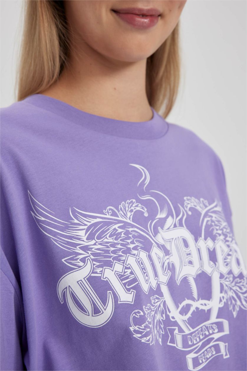 نساء أرجواني داكن تي شيرت قطن اوفرسايز مطبوع بأكمام قصيرة