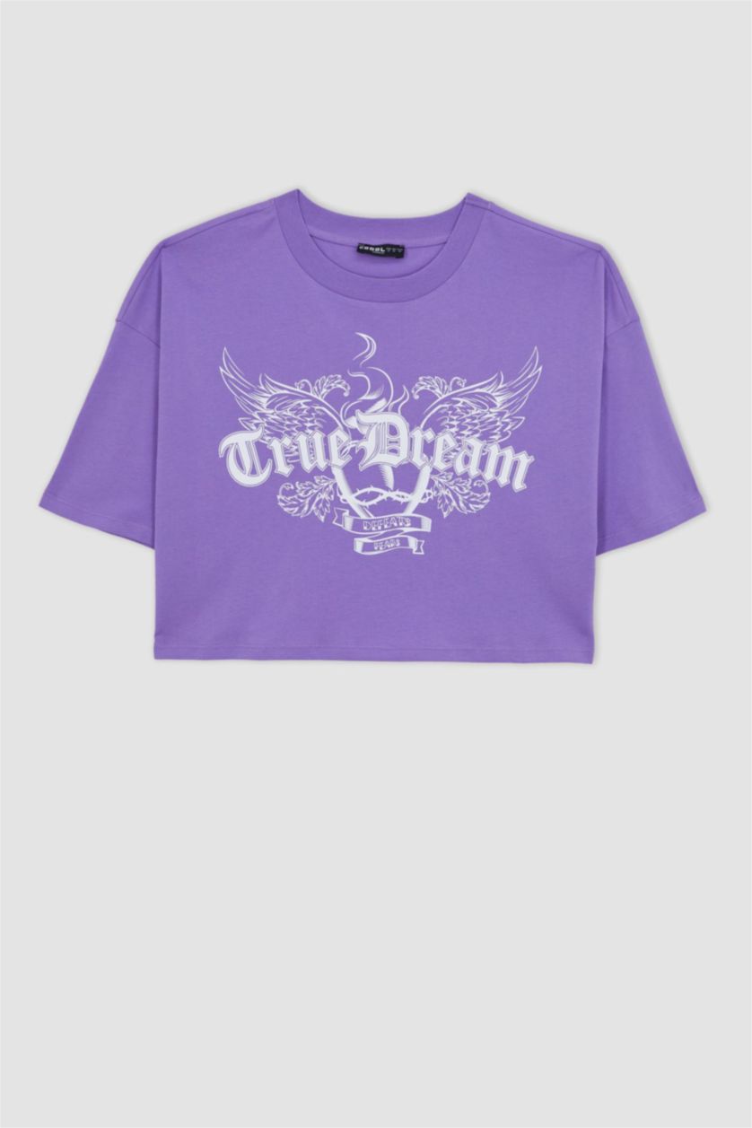 نساء أرجواني داكن تي شيرت قطن اوفرسايز مطبوع بأكمام قصيرة