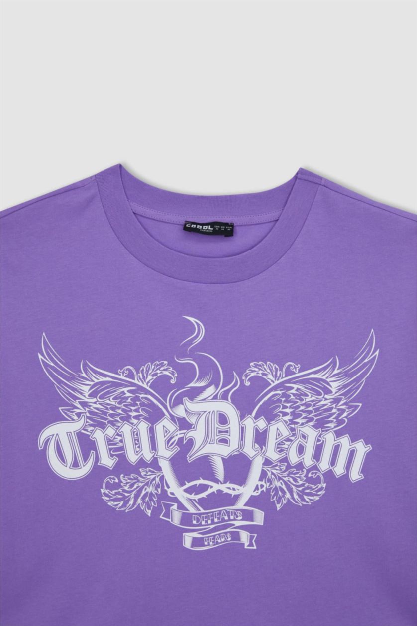 نساء أرجواني داكن تي شيرت قطن اوفرسايز مطبوع بأكمام قصيرة