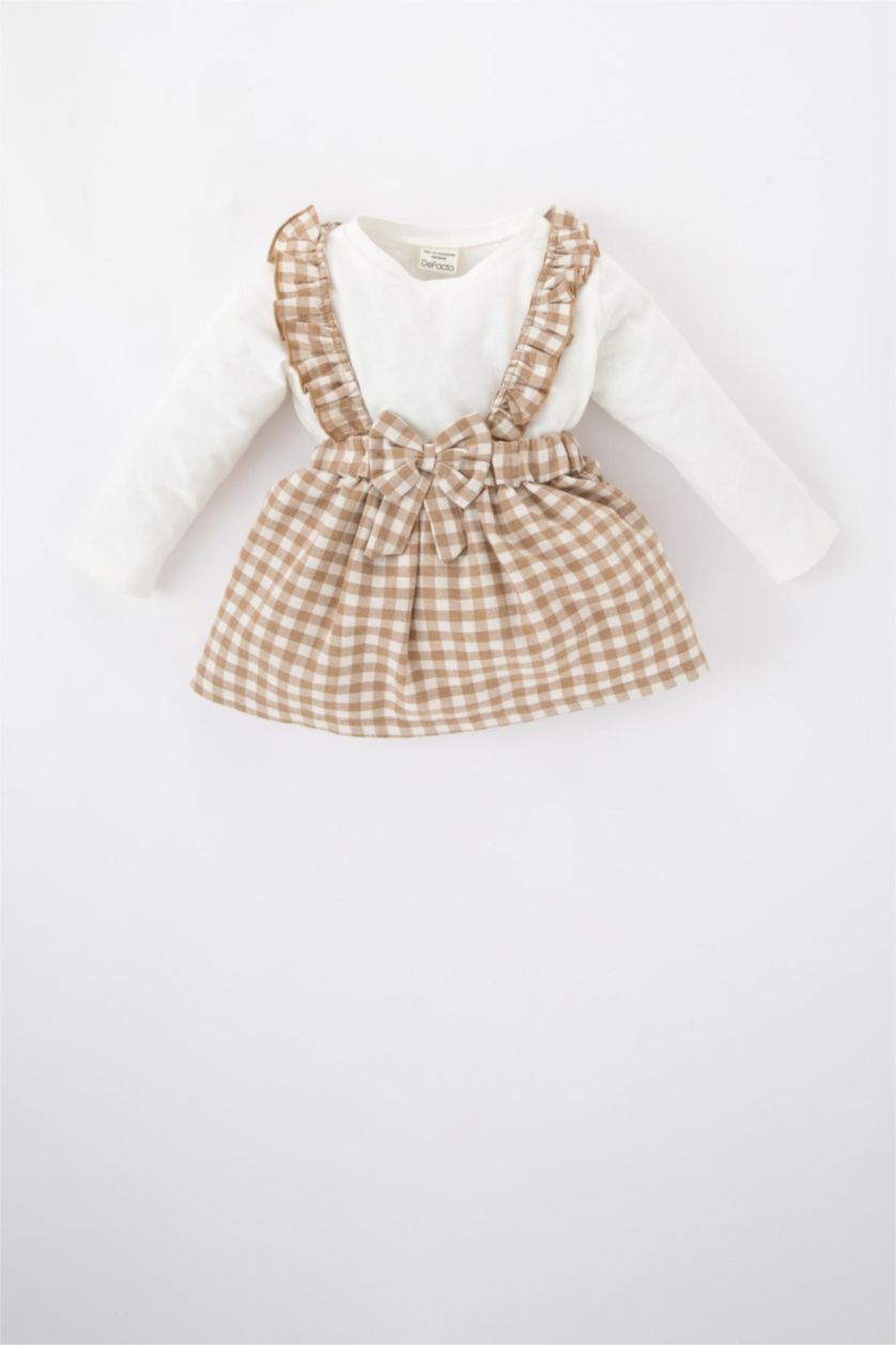 Baby Girl Ecru Baby Girl Long Sleeve Combed Cotton T-Shirt Check Dress Sock Set