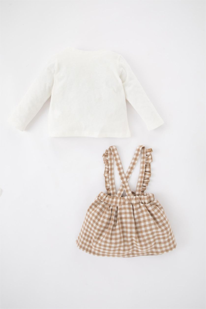 Baby Girl Ecru Baby Girl Long Sleeve Combed Cotton T-Shirt Check Dress Sock Set