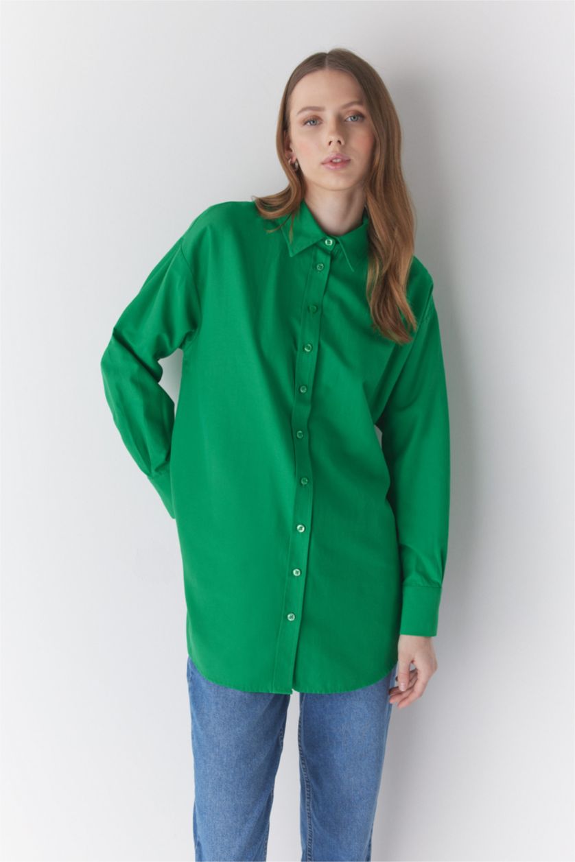 FEMME Vert Tunique À Manches Longues Popeline Coupe décontractée Col De Chemise