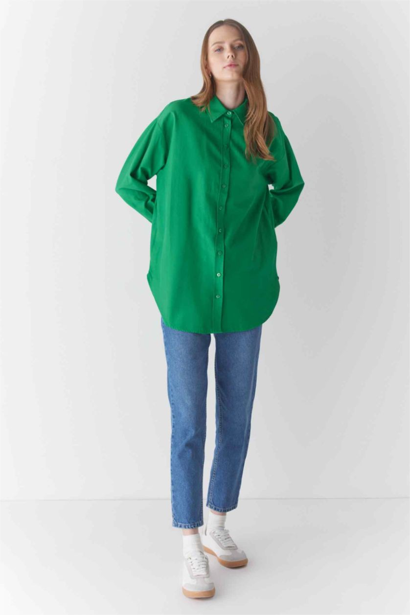 FEMME Vert Tunique À Manches Longues Popeline Coupe décontractée Col De Chemise