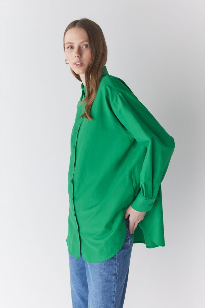 FEMME Vert Tunique À Manches Longues Popeline Coupe décontractée Col De Chemise