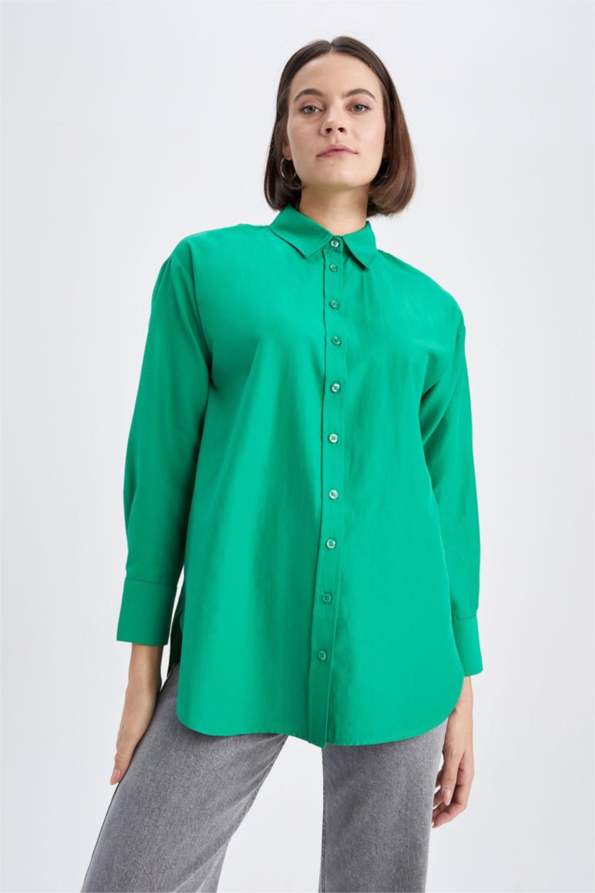 FEMME Vert Tunique À Manches Longues Popeline Coupe décontractée Col De Chemise
