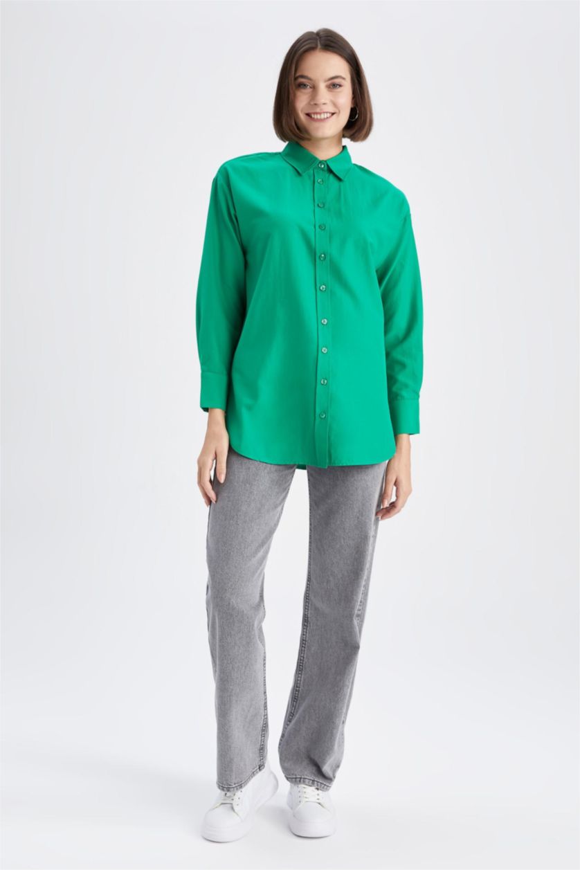 FEMME Vert Tunique À Manches Longues Popeline Coupe décontractée Col De Chemise