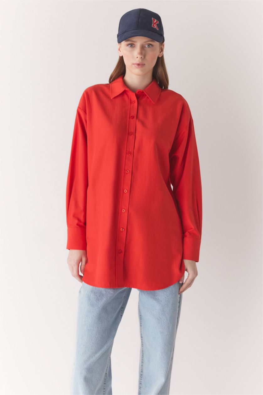FEMME Rouge Tunique À Manches Longues Popeline Coupe décontractée Col De Chemise