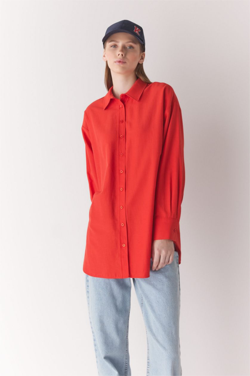 FEMME Rouge Tunique À Manches Longues Popeline Coupe décontractée Col De Chemise
