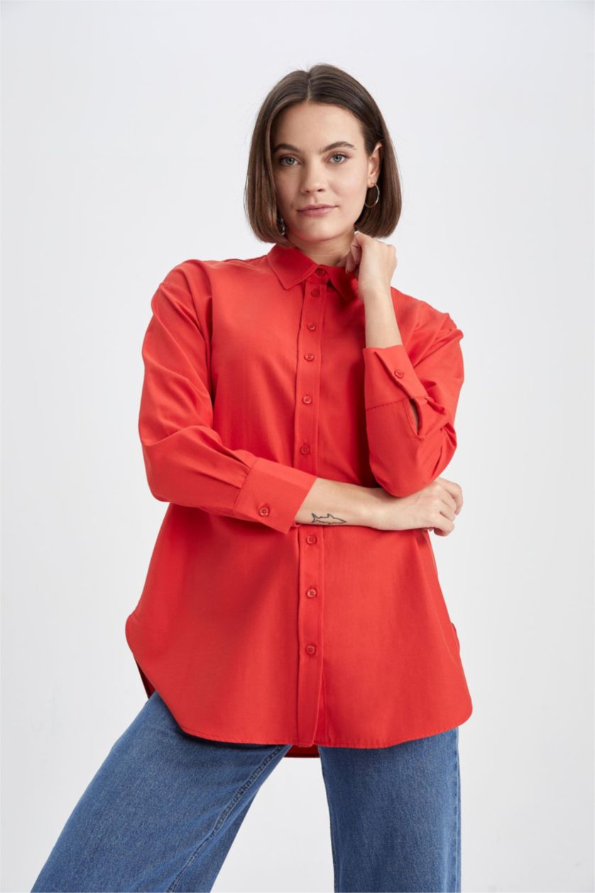 FEMME Rouge Tunique À Manches Longues Popeline Coupe décontractée Col De Chemise