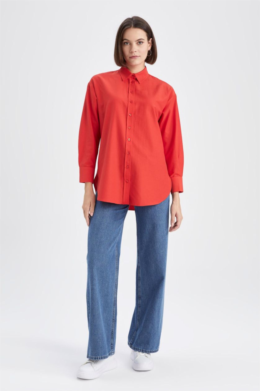 FEMME Rouge Tunique À Manches Longues Popeline Coupe décontractée Col De Chemise