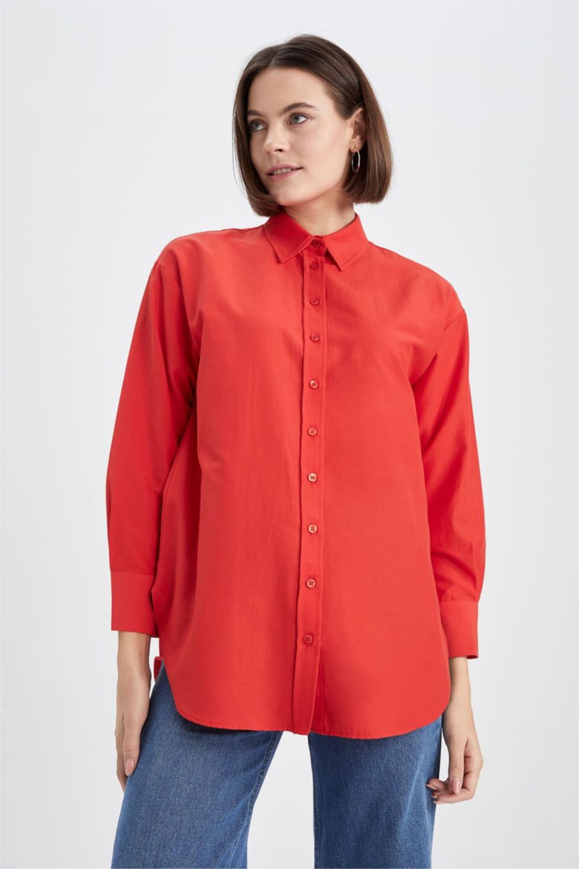 FEMME Rouge Tunique À Manches Longues Popeline Coupe décontractée Col De Chemise