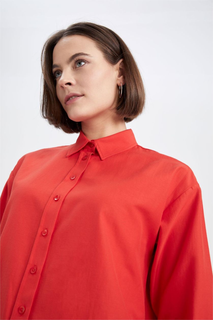 FEMME Rouge Tunique À Manches Longues Popeline Coupe décontractée Col De Chemise