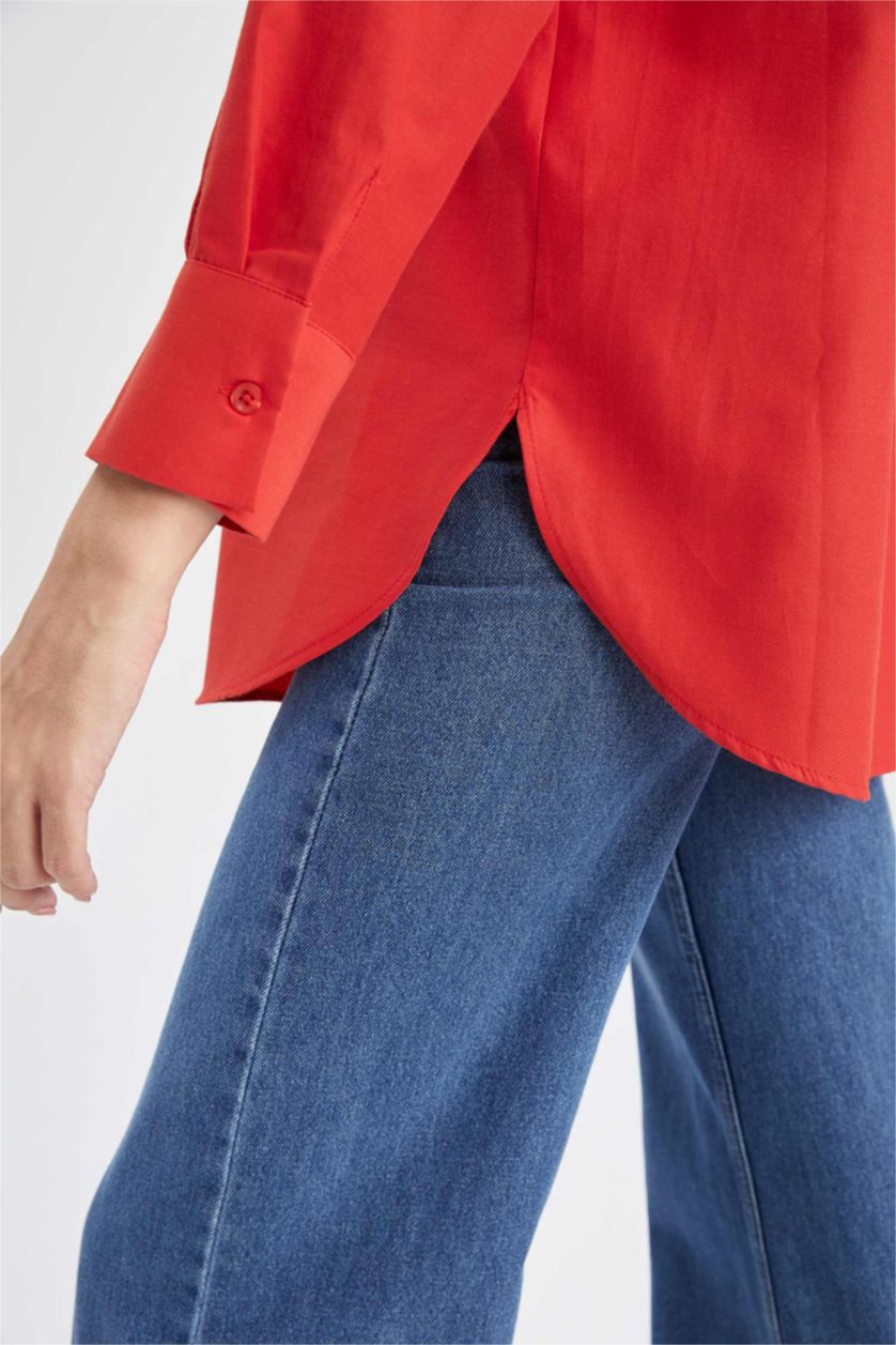 FEMME Rouge Tunique À Manches Longues Popeline Coupe décontractée Col De Chemise