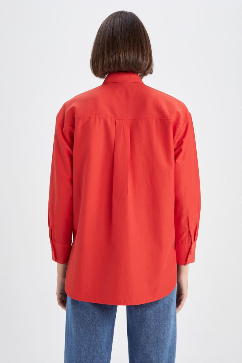 FEMME Rouge Tunique À Manches Longues Popeline Coupe décontractée Col De Chemise