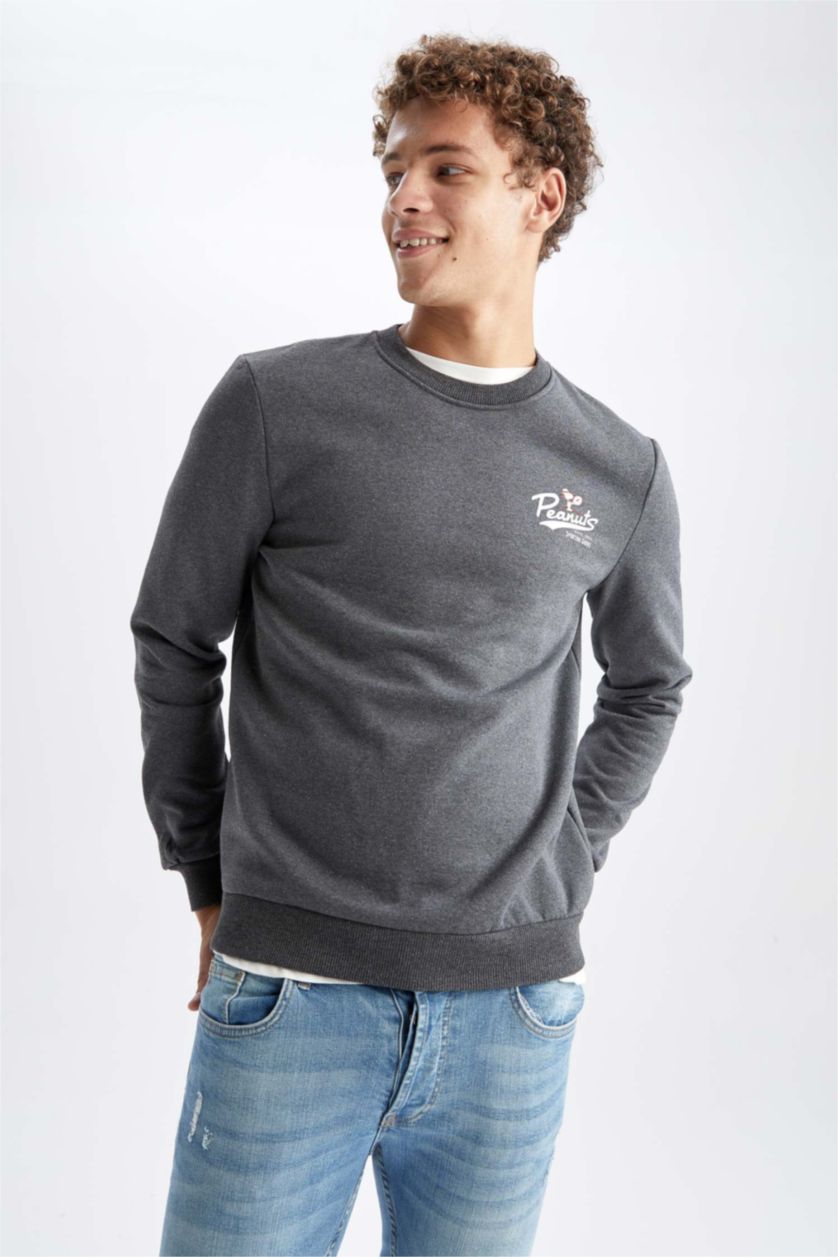 Man Anthracite Slim Fit Snoopy Licensed Printed Long Sleeve Sweatshirt