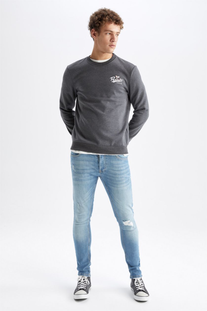 Man Anthracite Slim Fit Snoopy Licensed Printed Long Sleeve Sweatshirt