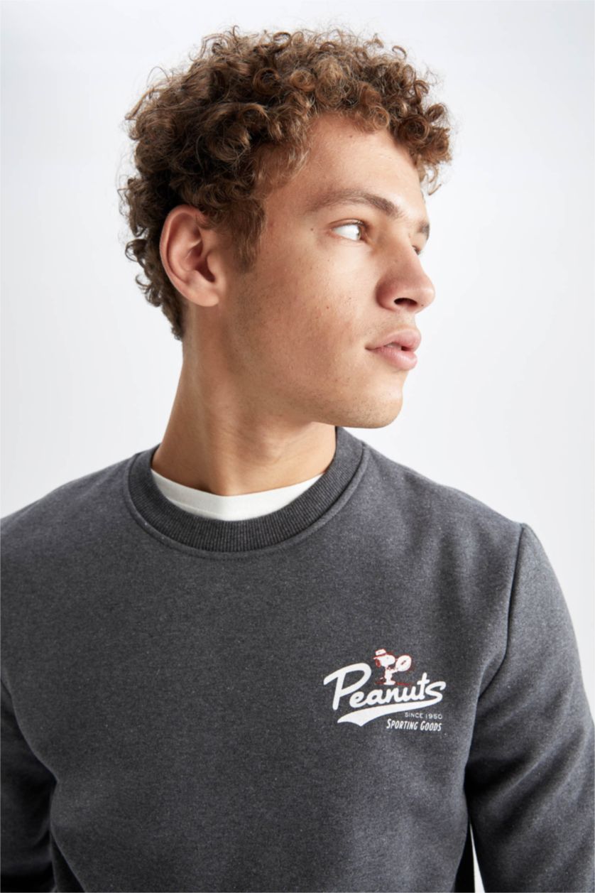 Man Anthracite Slim Fit Snoopy Licensed Printed Long Sleeve Sweatshirt