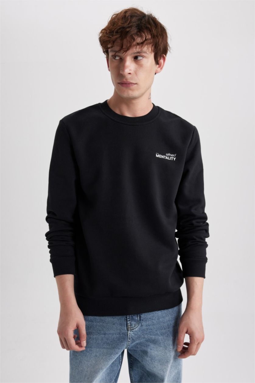 HOMME Noir Sweat- Shirt Coupe slim raccourcie Col rond Imprimé