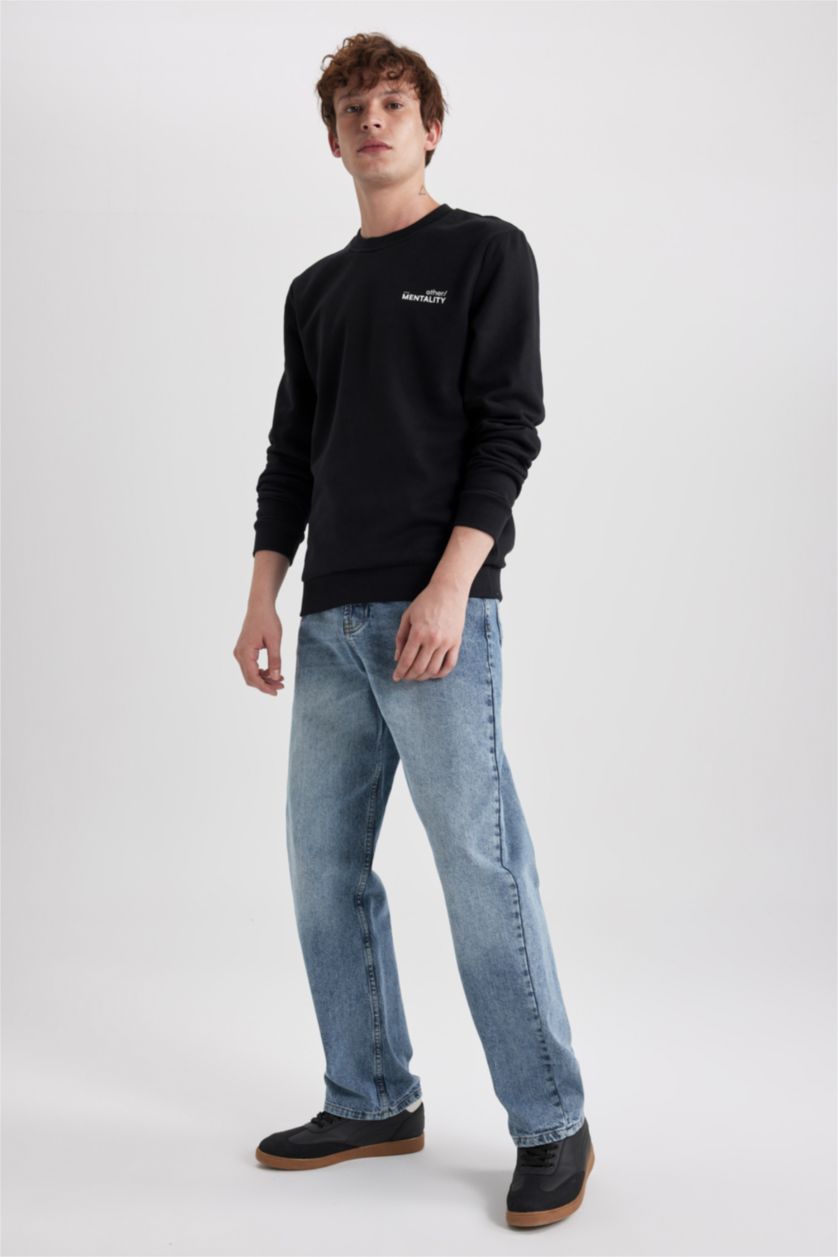 HOMME Noir Sweat- Shirt Coupe slim raccourcie Col rond Imprimé