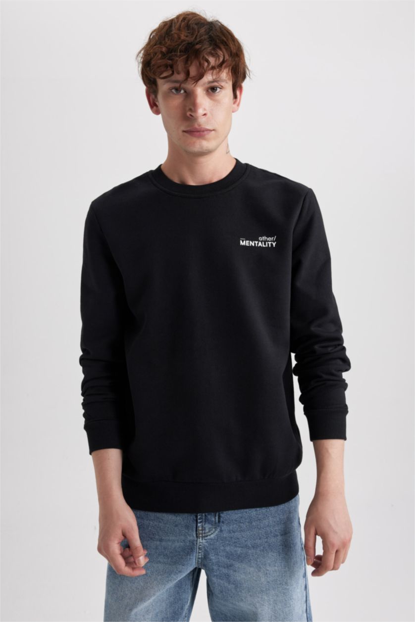 HOMME Noir Sweat- Shirt Coupe slim raccourcie Col rond Imprimé