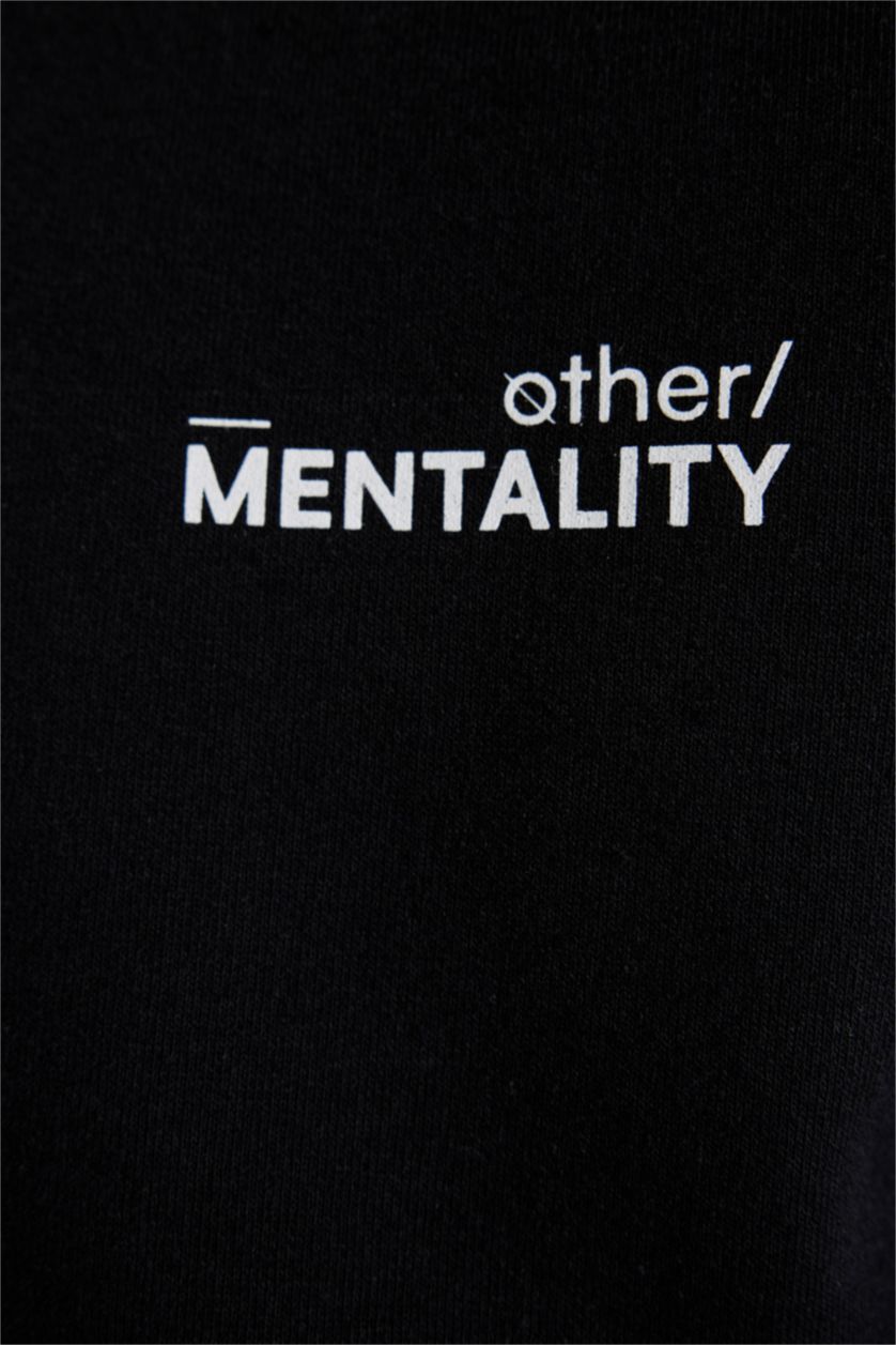 HOMME Noir Sweat- Shirt Coupe slim raccourcie Col rond Imprimé