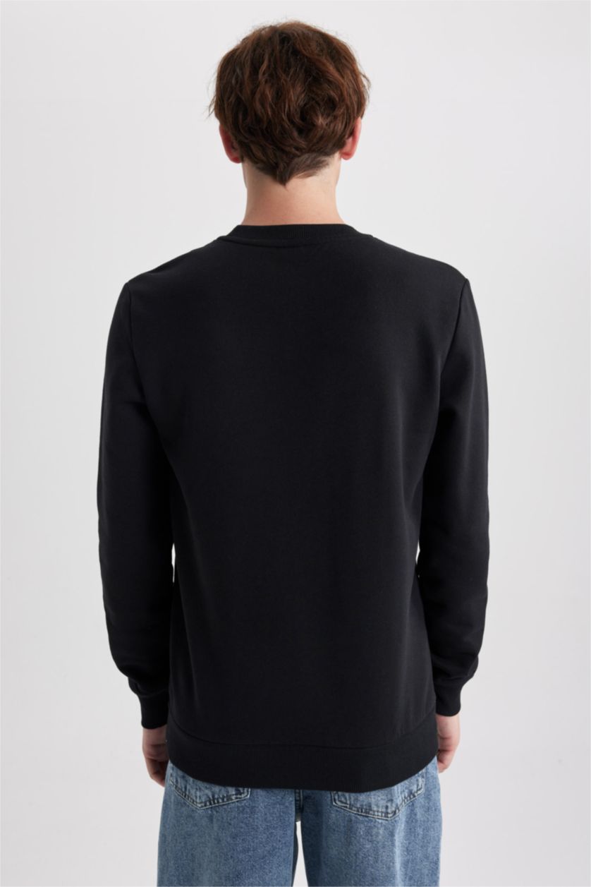HOMME Noir Sweat- Shirt Coupe slim raccourcie Col rond Imprimé