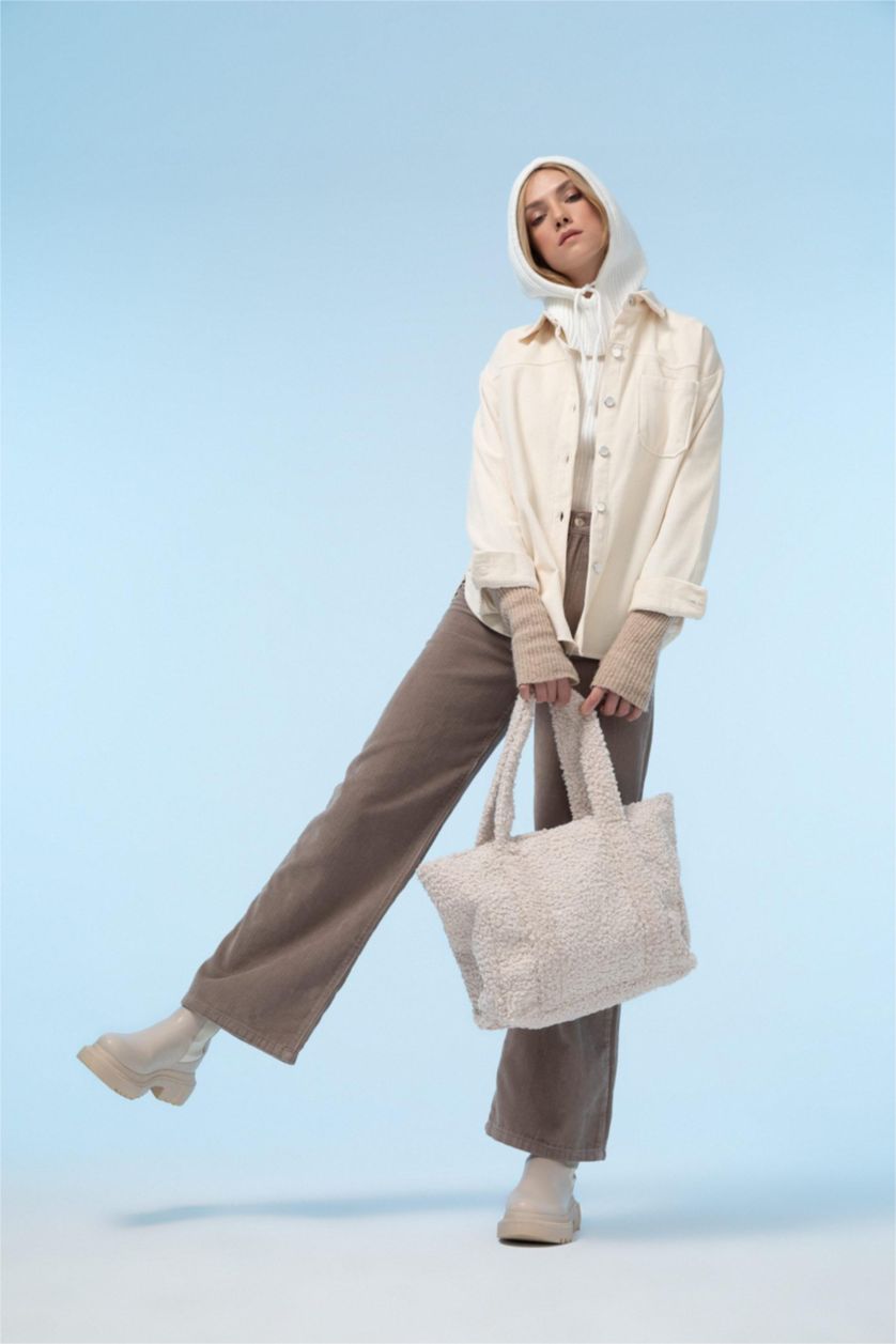 WOMAN Light Beige Loose Fit Shirt Collar Velvet Long Sleeve Shirt