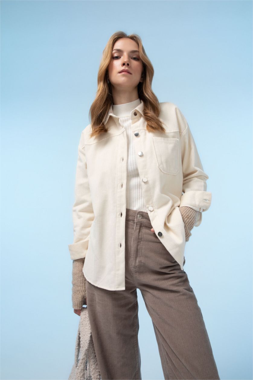 WOMAN Light Beige Loose Fit Shirt Collar Velvet Long Sleeve Shirt