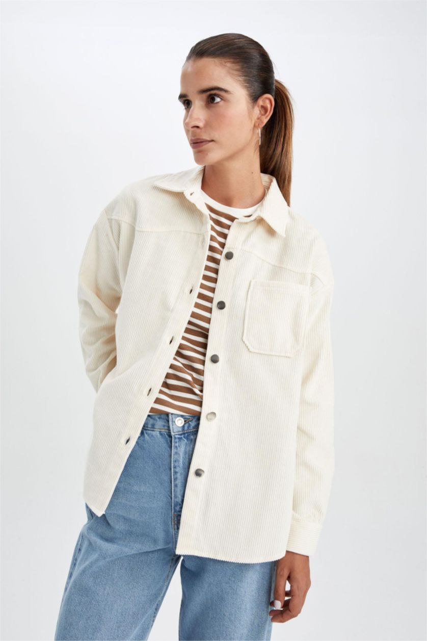 WOMAN Light Beige Loose Fit Shirt Collar Velvet Long Sleeve Shirt