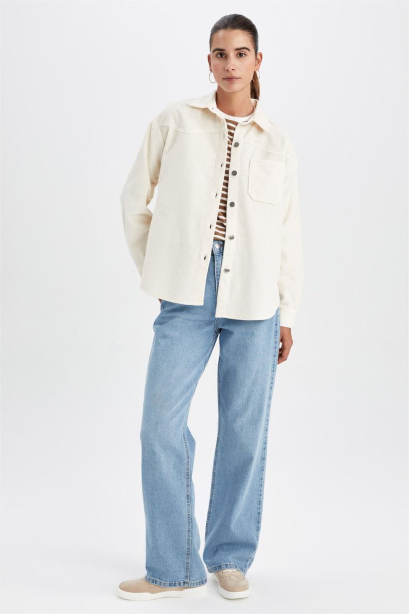 WOMAN Light Beige Loose Fit Shirt Collar Velvet Long Sleeve Shirt