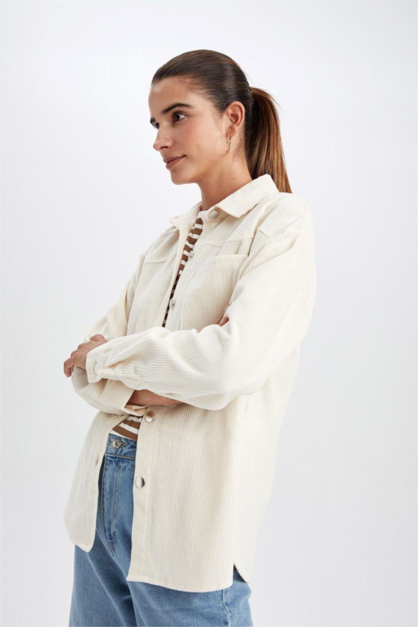 WOMAN Light Beige Loose Fit Shirt Collar Velvet Long Sleeve Shirt