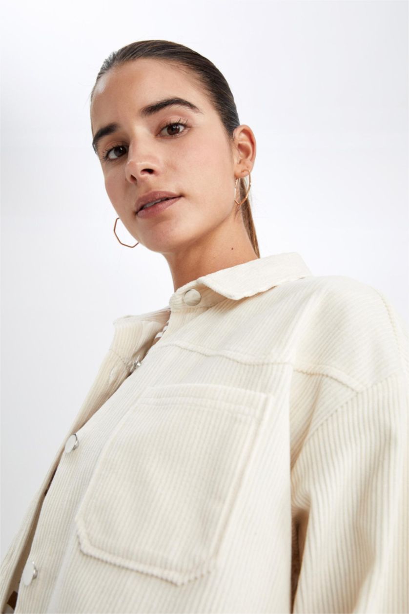 WOMAN Light Beige Loose Fit Shirt Collar Velvet Long Sleeve Shirt