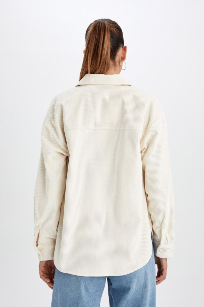 WOMAN Light Beige Loose Fit Shirt Collar Velvet Long Sleeve Shirt