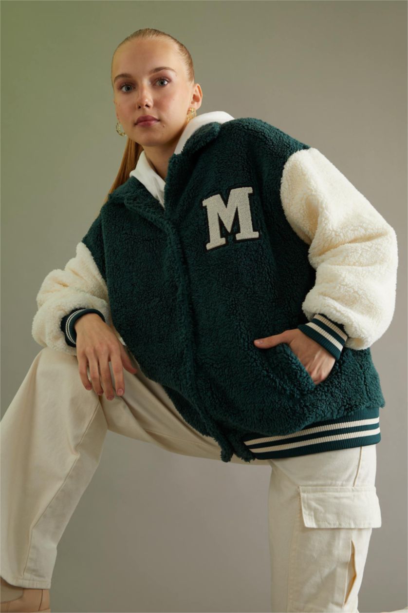 نساء أخضر جاكيت بومبر اوفر سايز بياقة جامعية من القطيفة