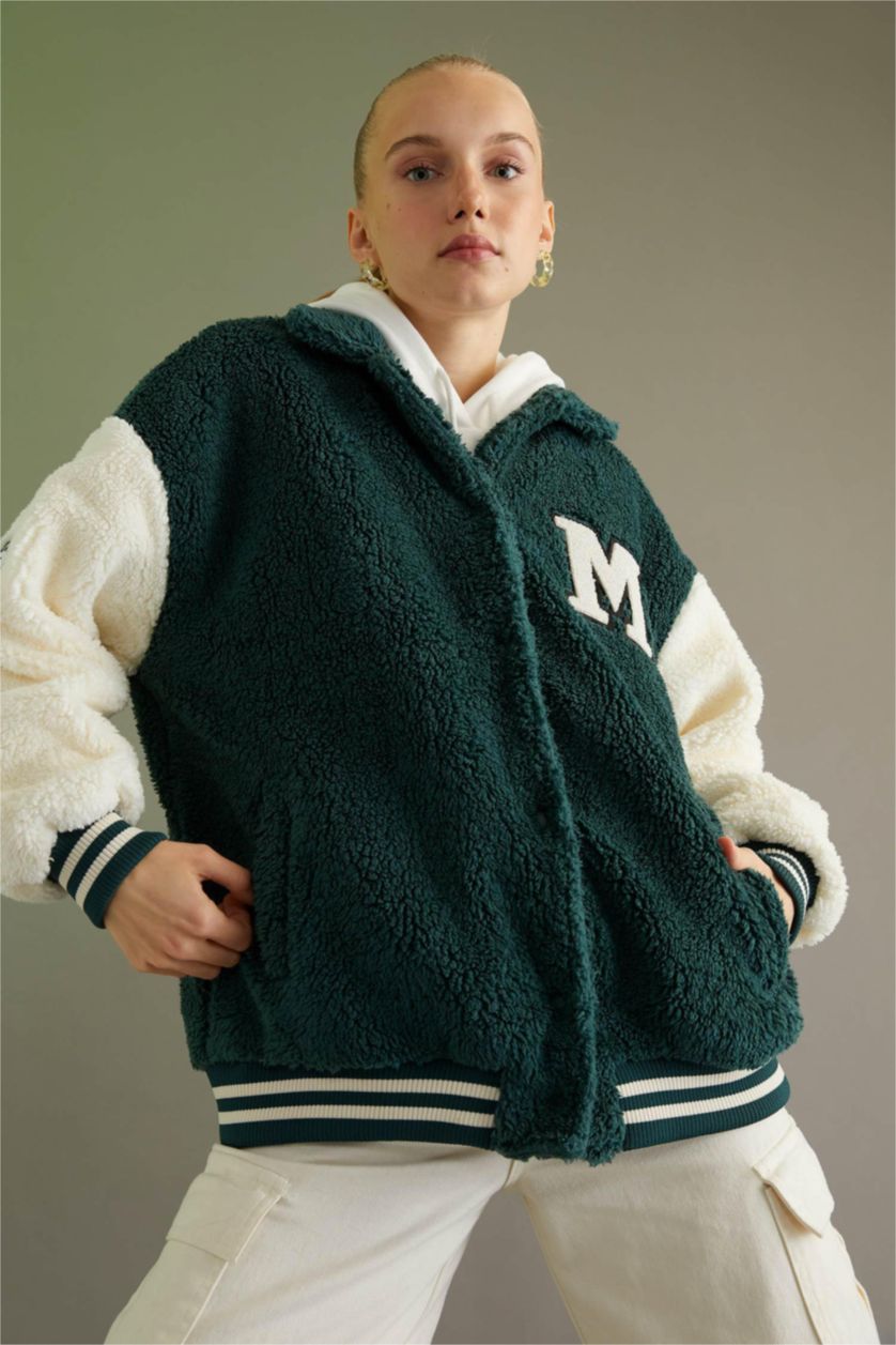 نساء أخضر جاكيت بومبر اوفر سايز بياقة جامعية من القطيفة