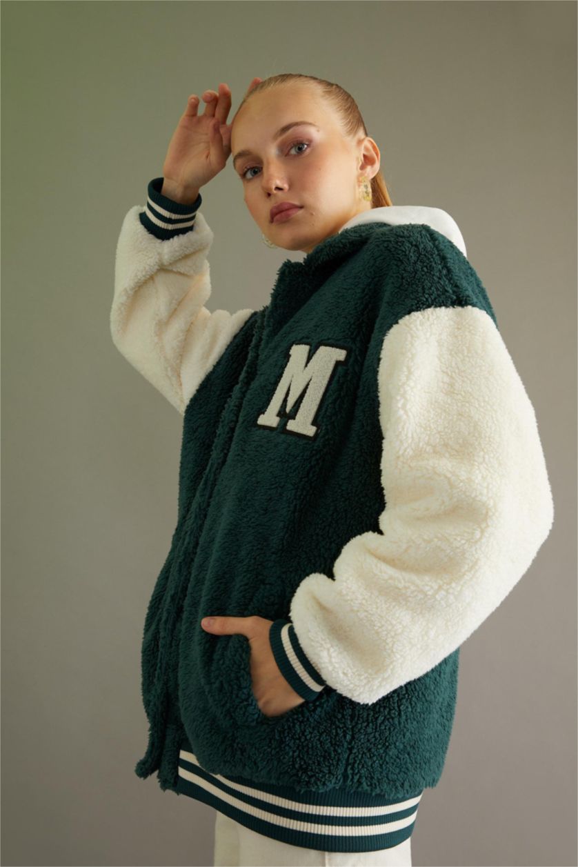 نساء أخضر جاكيت بومبر اوفر سايز بياقة جامعية من القطيفة