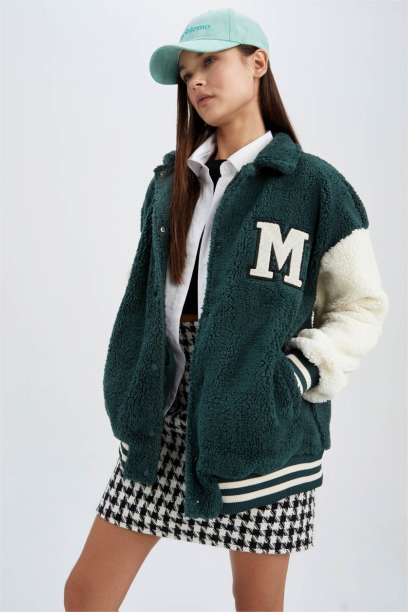 نساء أخضر جاكيت بومبر اوفر سايز بياقة جامعية من القطيفة