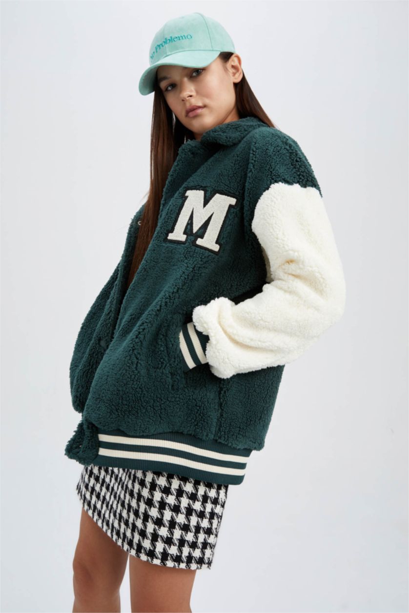 نساء أخضر جاكيت بومبر اوفر سايز بياقة جامعية من القطيفة