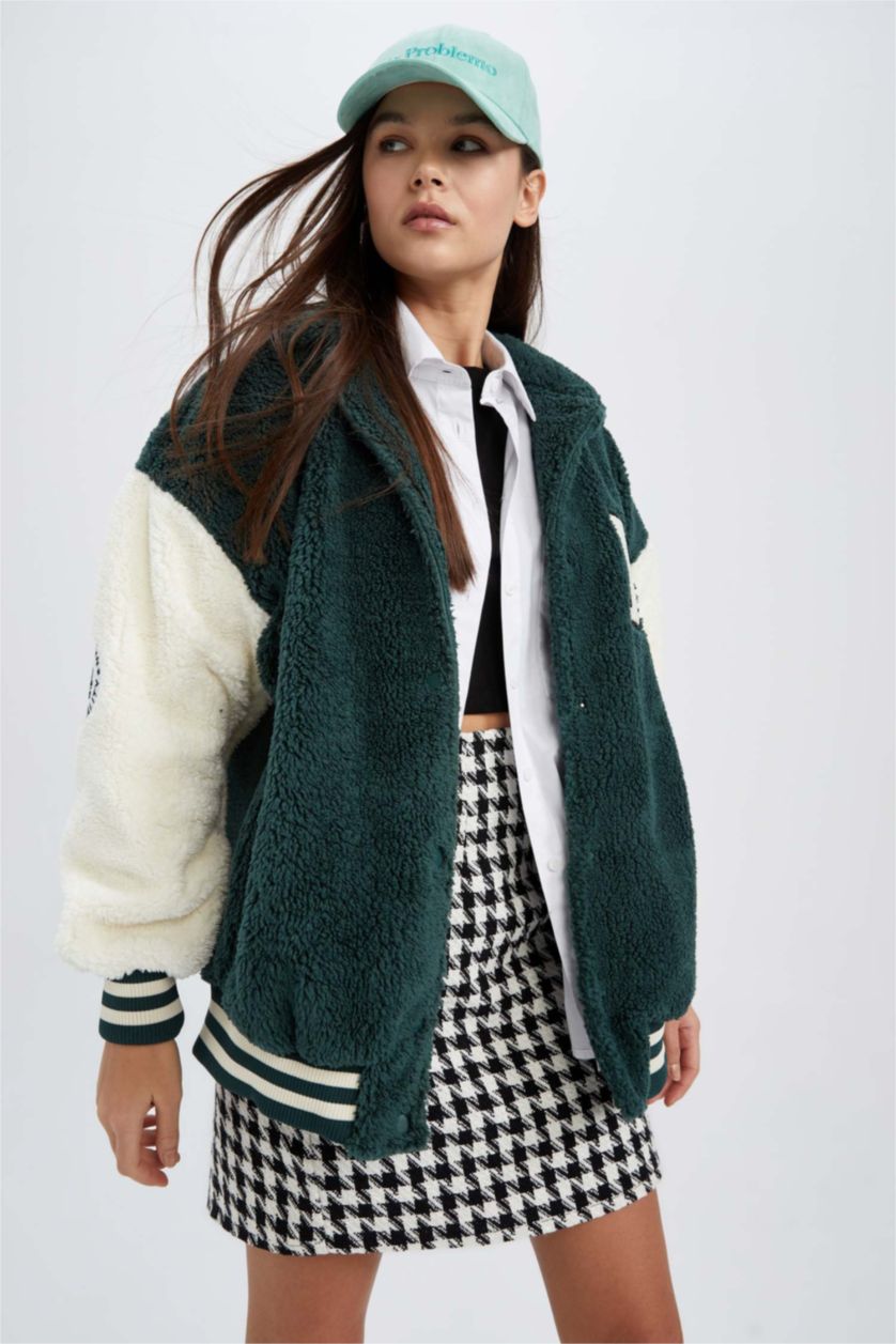 نساء أخضر جاكيت بومبر اوفر سايز بياقة جامعية من القطيفة