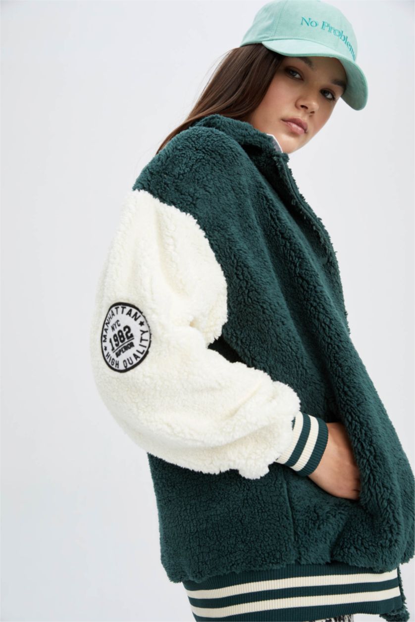 نساء أخضر جاكيت بومبر اوفر سايز بياقة جامعية من القطيفة