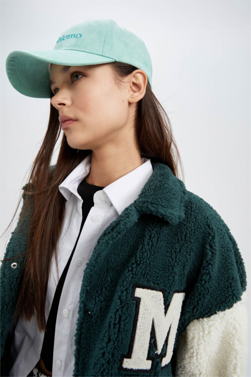 نساء أخضر جاكيت بومبر اوفر سايز بياقة جامعية من القطيفة