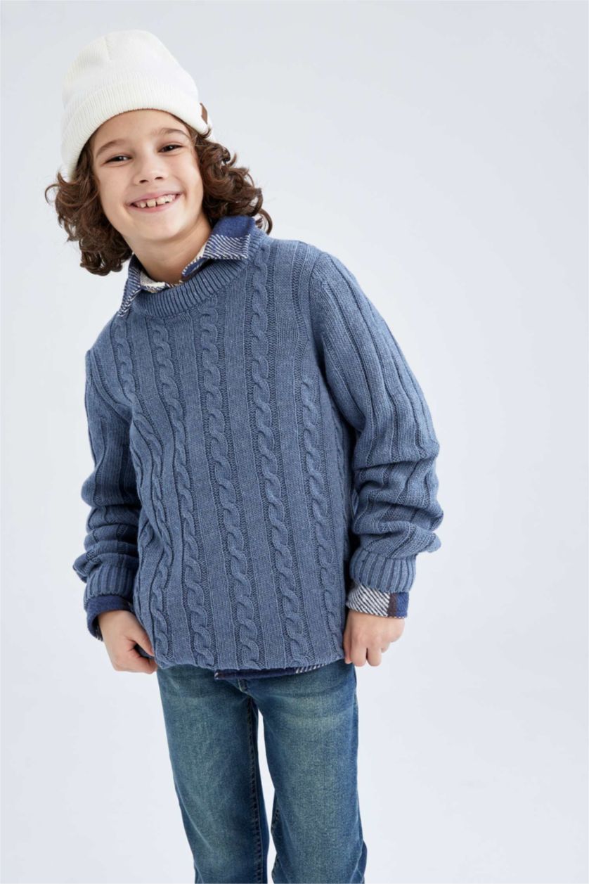 Мальчики и подростки Светло-индиговый Пуловер стандартного кроя с круглым вырезом Акрил для мальчиков