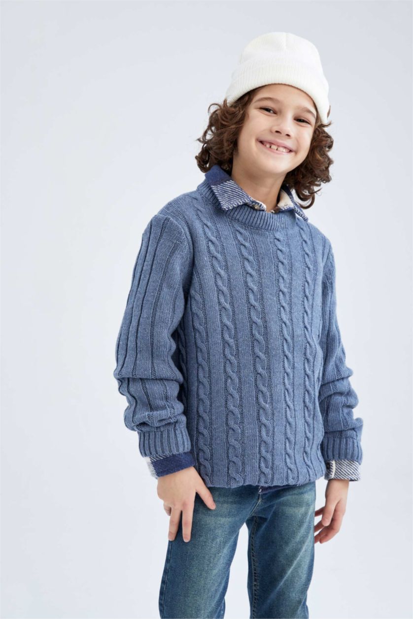 Мальчики и подростки Светло-индиговый Пуловер стандартного кроя с круглым вырезом Акрил для мальчиков
