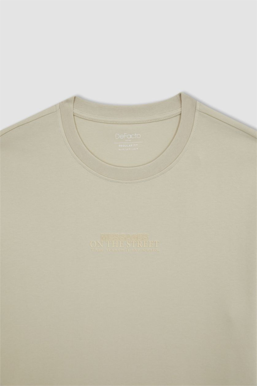 HOMME Beige T-shirt basique à col rond, manches courtes, 100% coton, tissu lourd